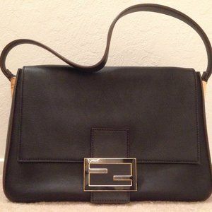 Auth Great cond Fendi Big Mamma black leather shoulder bag gold FF LOGO hardware